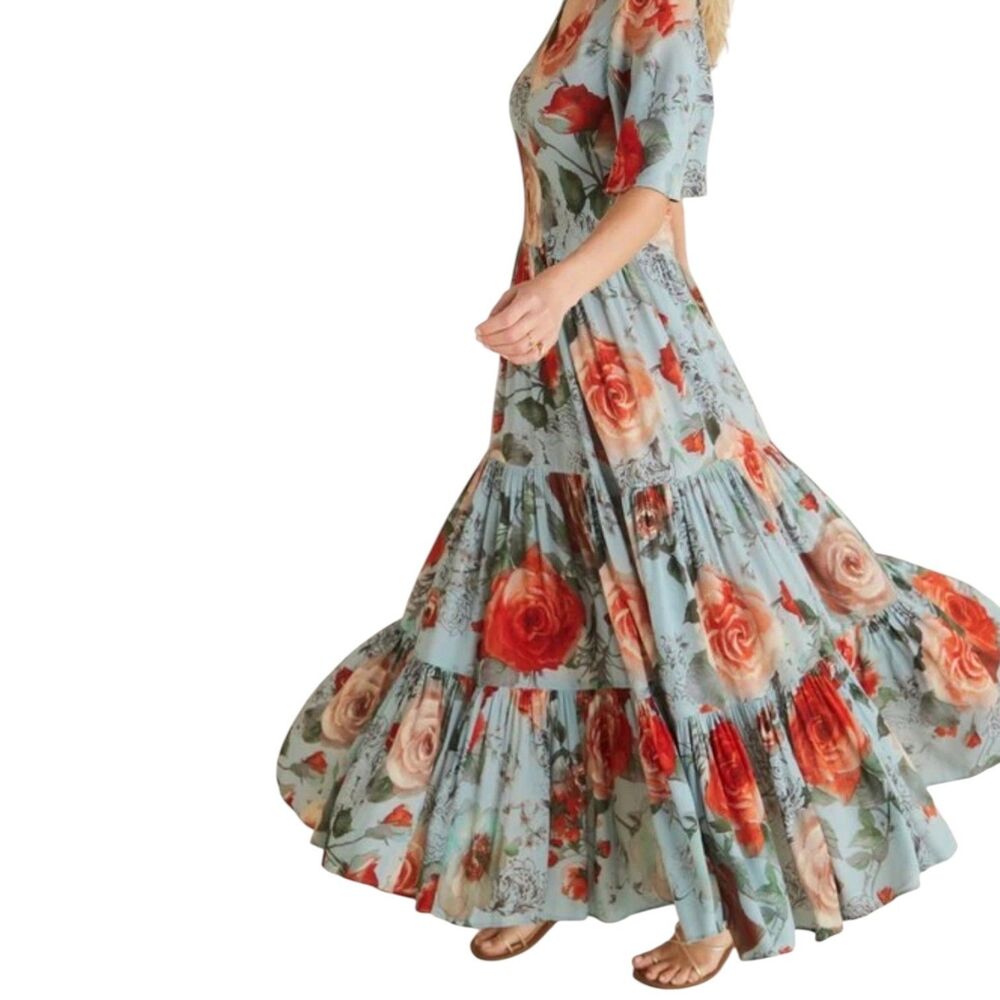 Soft Surroundings First Blooms Midi Dress Fit Flare Tiered Rose Floral V Neck PS